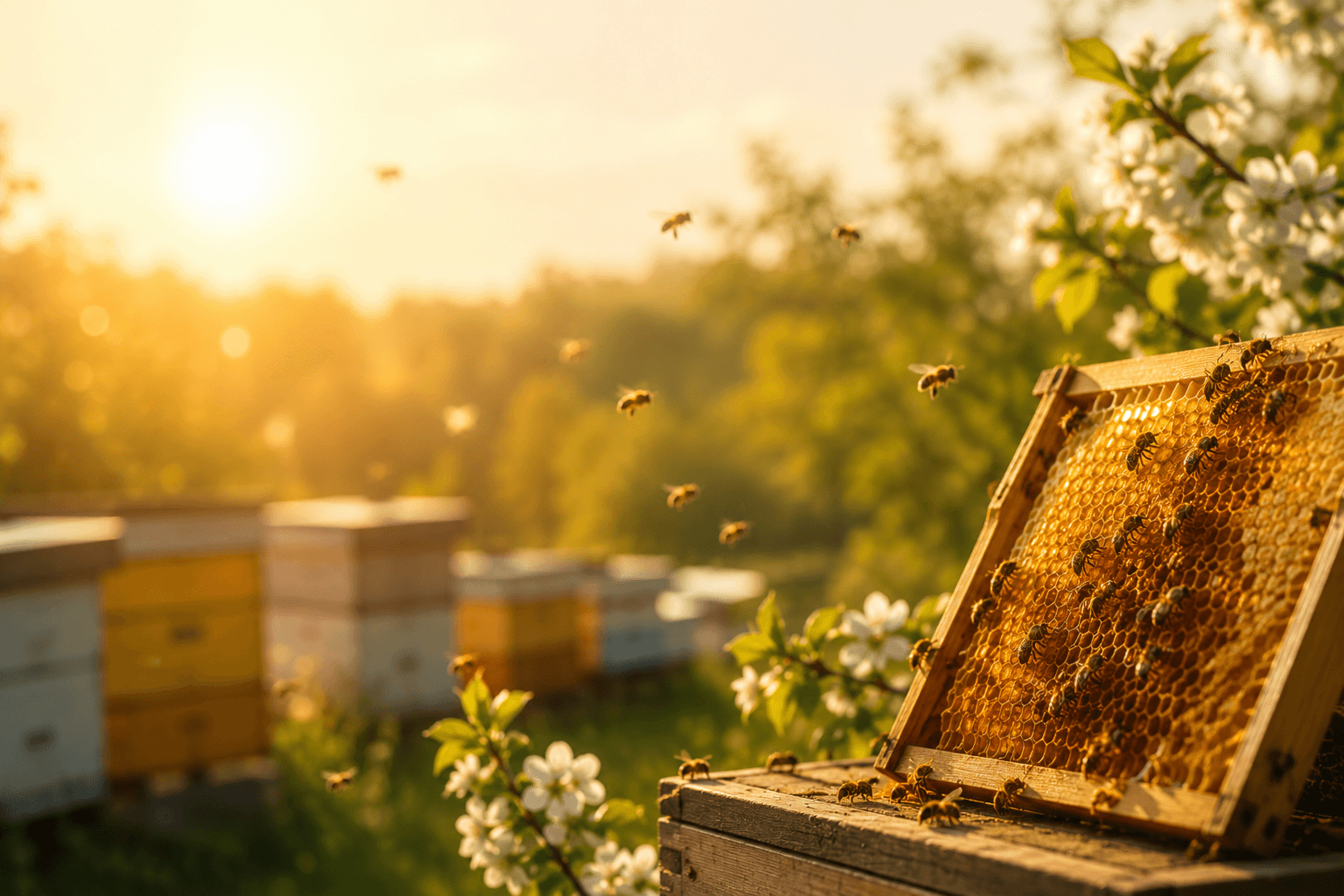 A beekeeper inspecting a honey bee frame in a sunlit apiary.