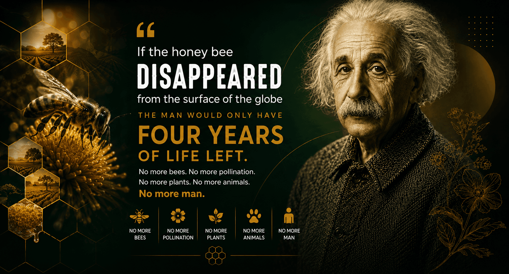 Premium Einstein honey bee quote artwork explaining the importance of bees, pollination, plants, animals, and people.